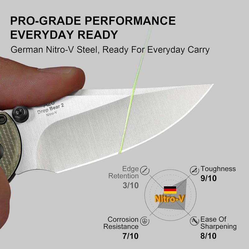KIZER Drop Bear 2 Pocket Knife, 2.85" Nitro-V Clip Point Blade Folding Knife with Green Micarta Handle, Clutch Lock EDC Knives with Jimping on Spine for Men Women V3619.2KC1 - Image 2